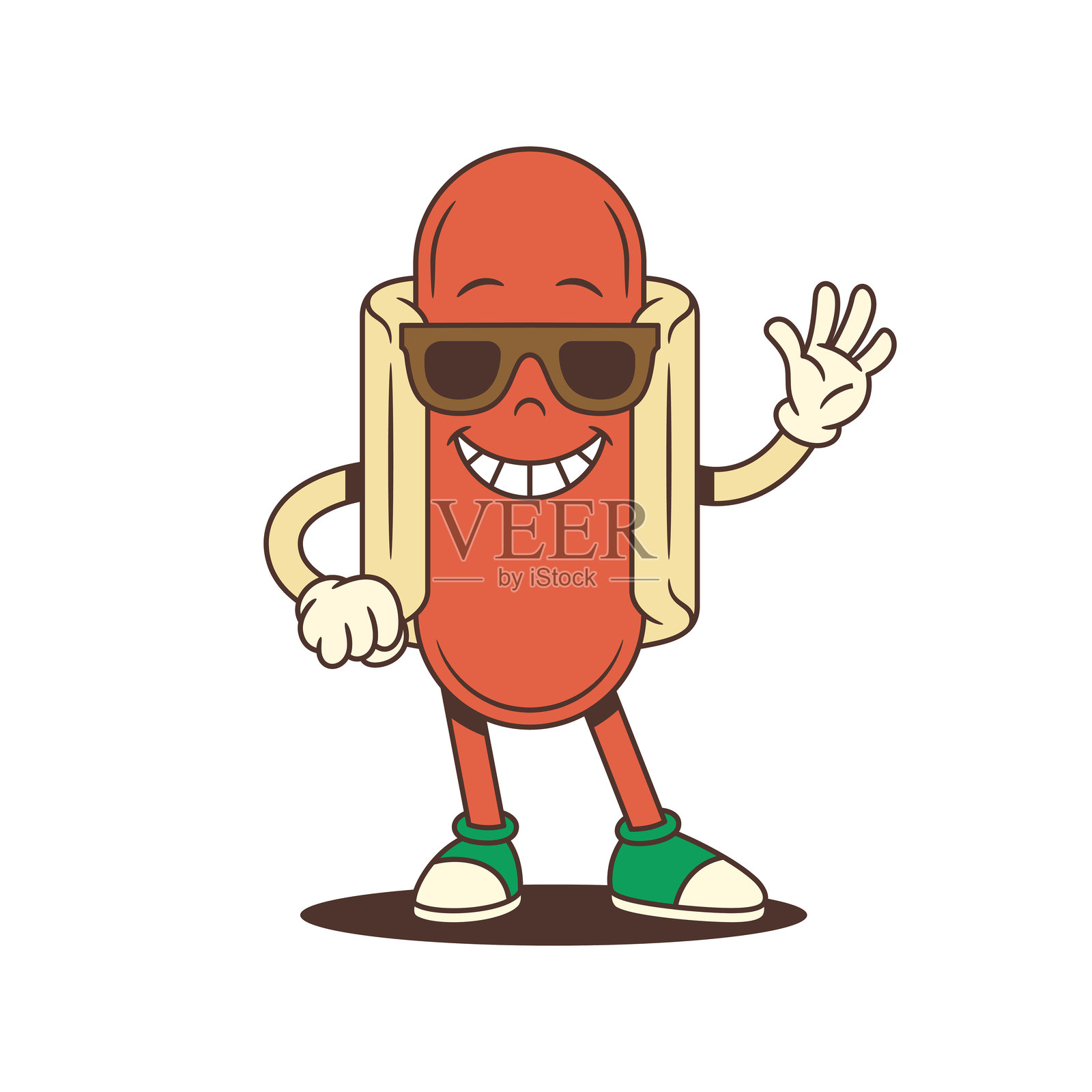 戴着太阳镜的热狗吉祥物，一只手挥舞，自信地微笑，矢量插图插画图片素材