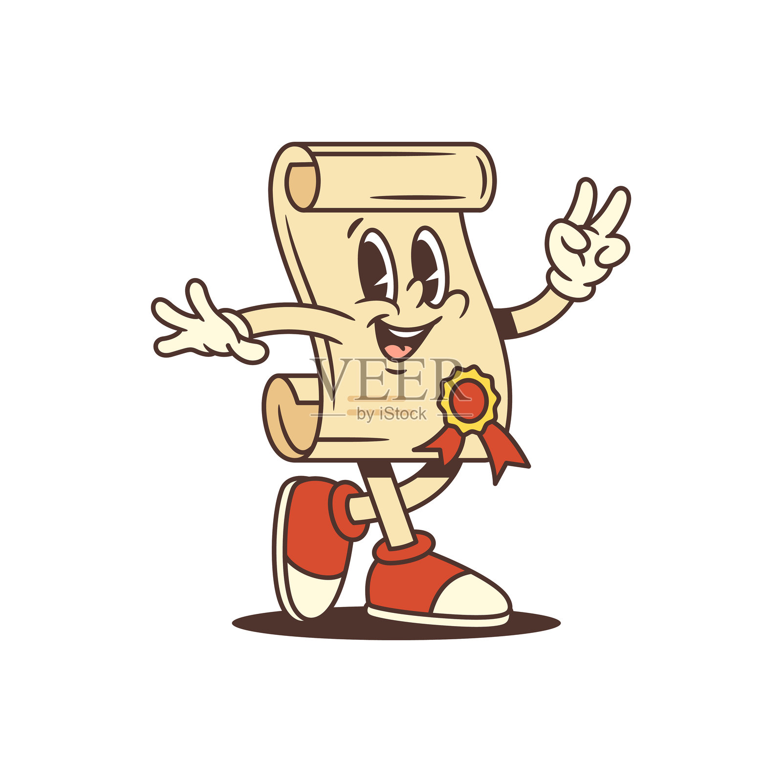 快乐的复古卷轴吉祥物做出和平手势，手持丝带和金色印章的矢量插图插画图片素材