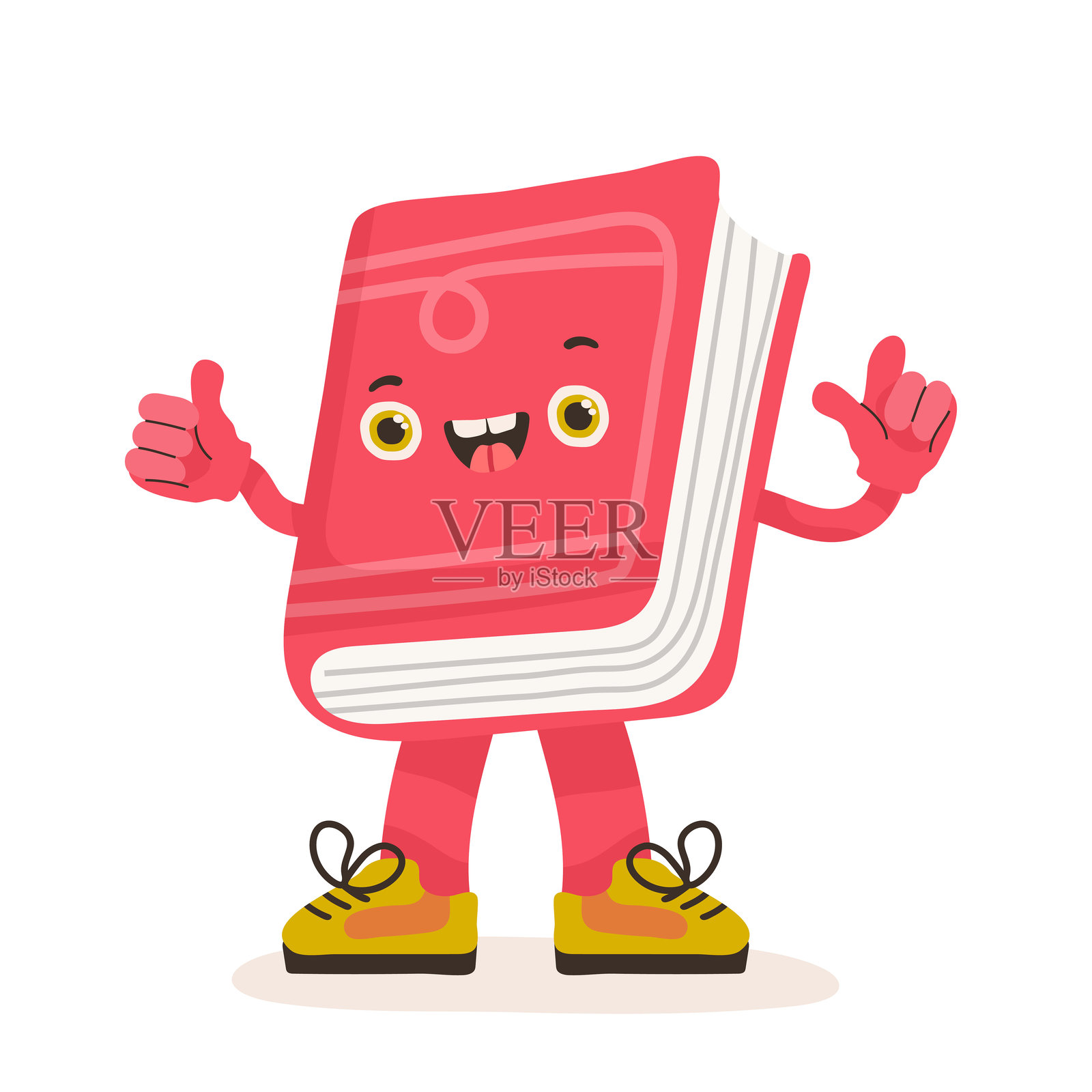 粉色书本角色，带有面孔、腿和手，挥手，适合儿童和婴儿设计的涂鸦矢量插图，白色背景插画图片素材