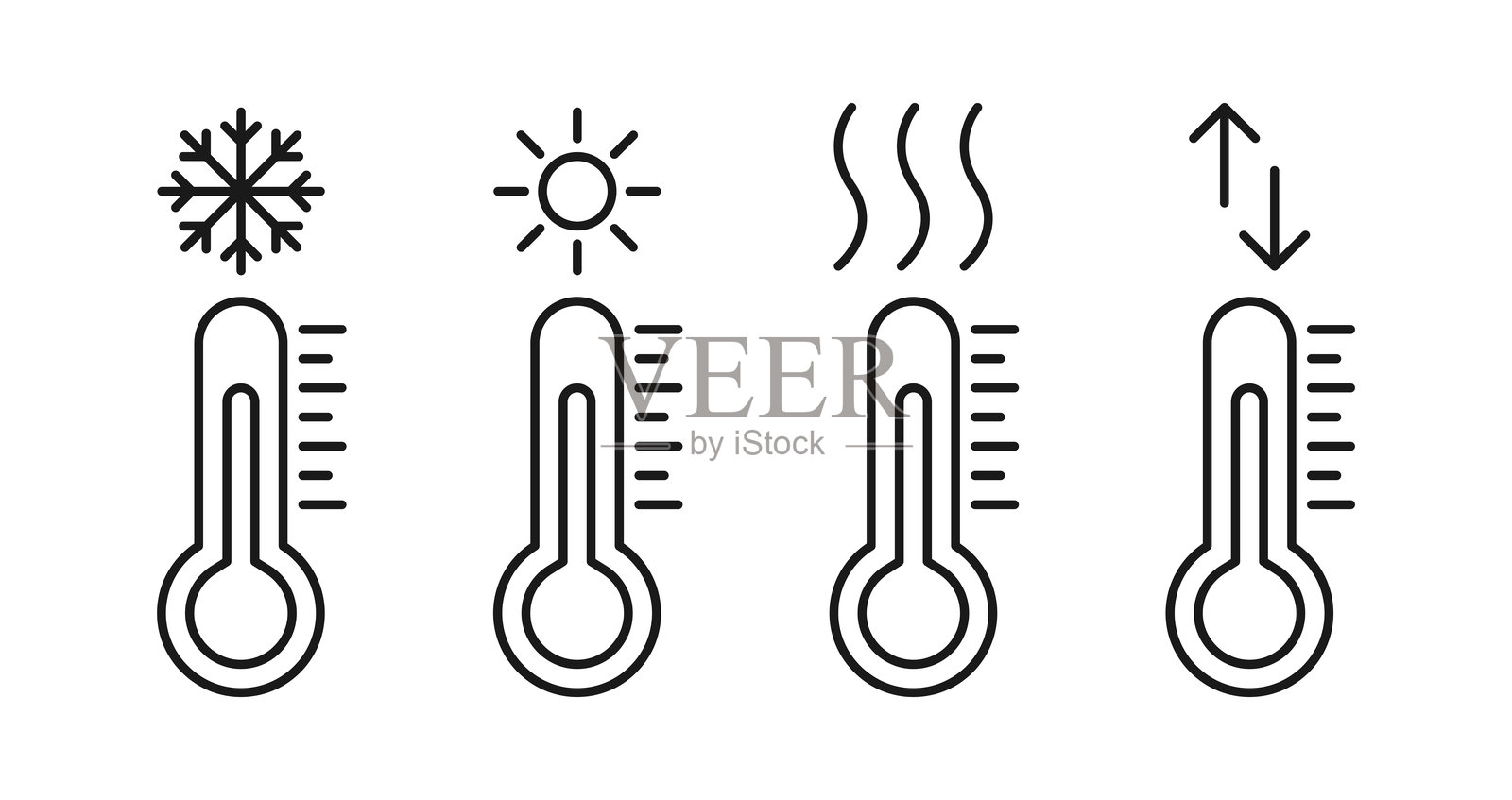 温度计图标。热、冷温度矢量。温暖、冰冻天气。摄氏度、华氏度。插画图片素材