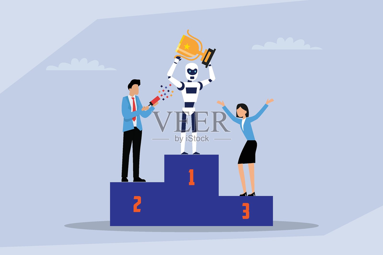 机器人站在领奖台上，手持奖杯，旁边有两个人，二维平面矢量插图插画图片素材