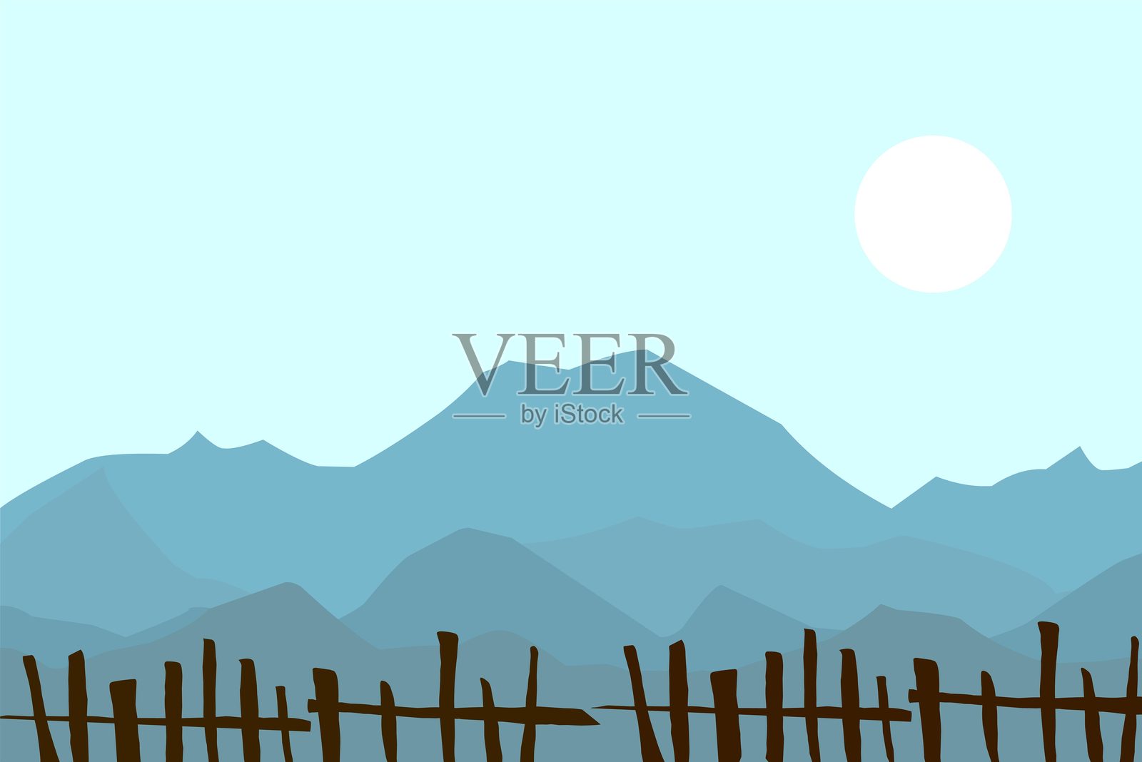 木栅栏和山脉的剪影.eps插画图片素材