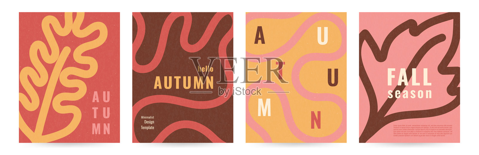 抽象秋季海报或封面套件。简约模板，配有明亮的叶子和波浪线。秋季背景，促销横幅或传单设计。适用于广告、网页和社交媒体的模板。插画图片素材