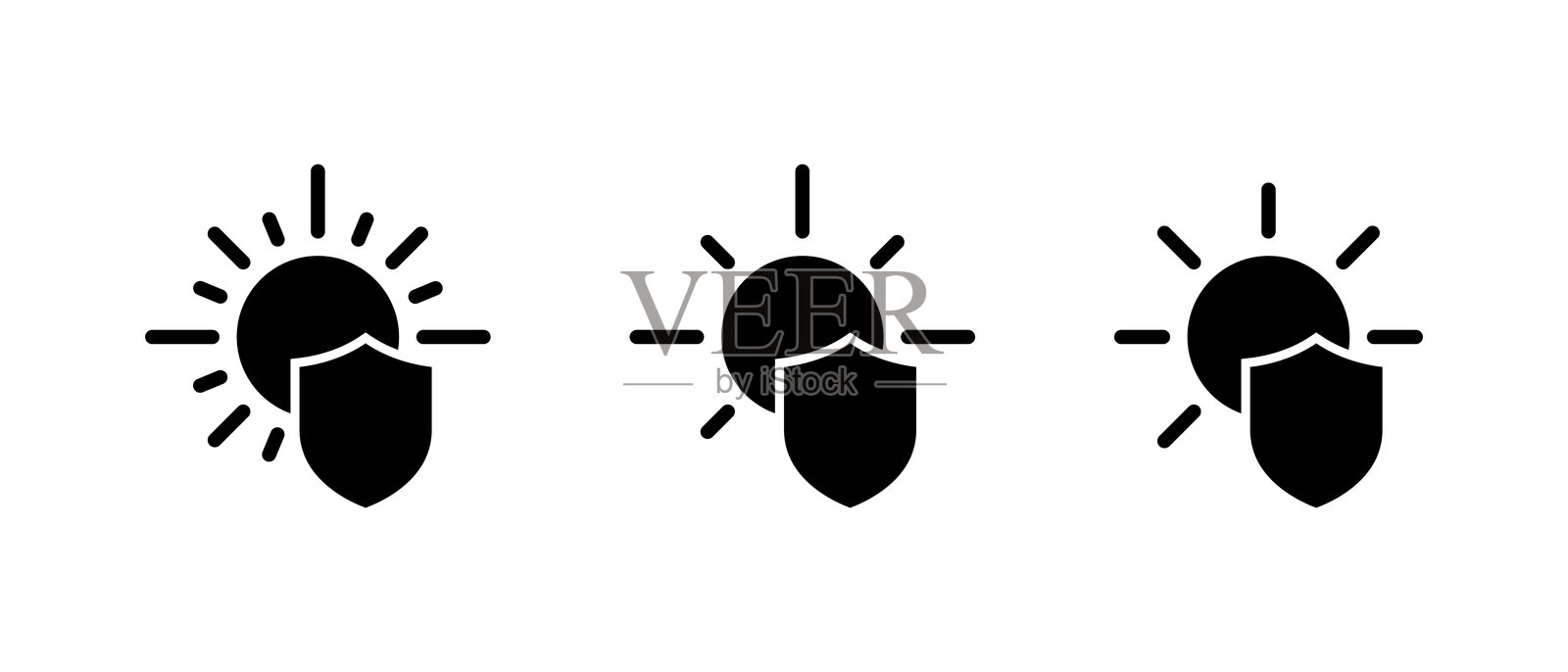 紫外线防护盾图标集。阳光安全与防晒防御符号插画图片素材