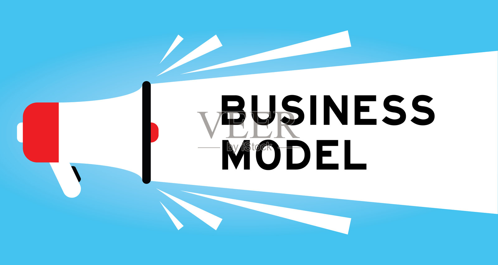 蓝色背景上带有白色横幅的彩色扩音器图标，横幅上写着“商业模式”插画图片素材