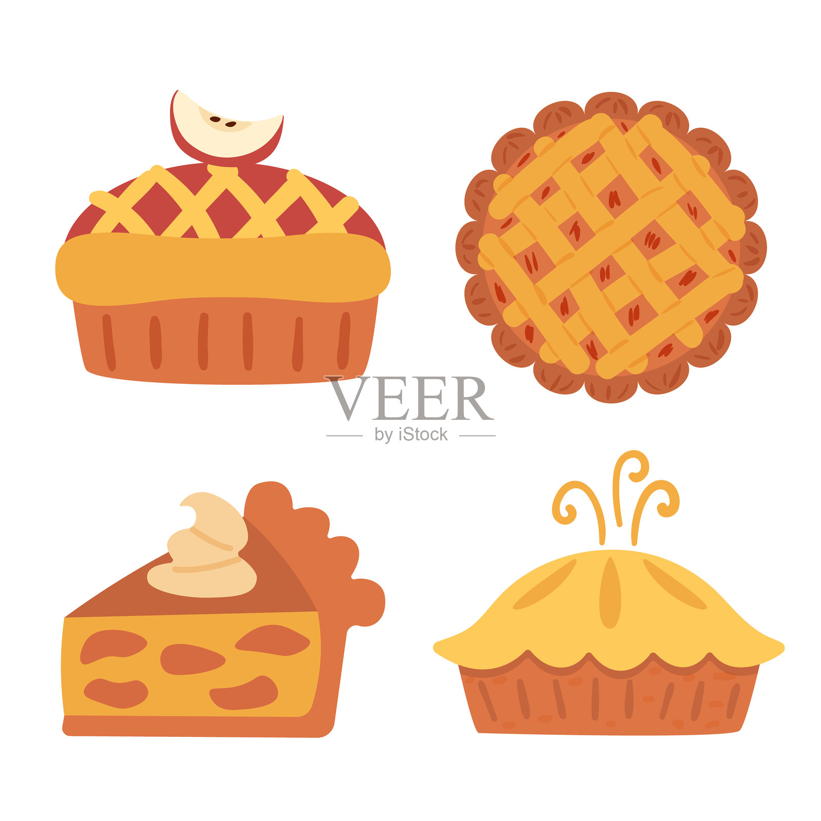 可爱的扁平插图集：一片带奶油的苹果派、整只格子派、经典的有外壳的派，以及顶部放有苹果片的松饼风格派插画图片素材