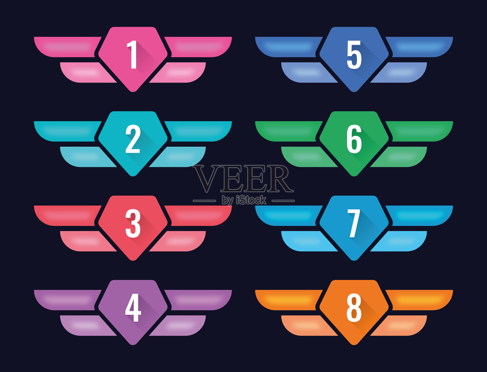 翅膀形状的横幅模板。八种颜色的翅膀横幅模板插画图片素材