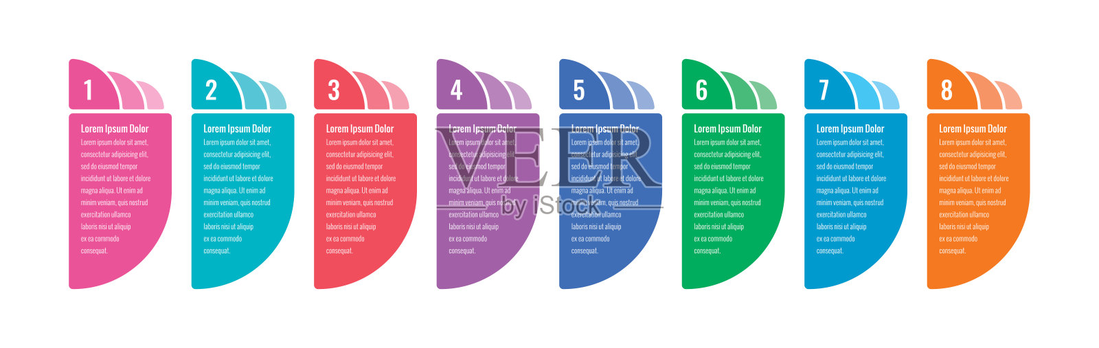 垂直彩色卡片信息图模板。八步信息模板。适用于商业、教育、年度报告、杂志、网页和互联网信息图模板。插画图片素材