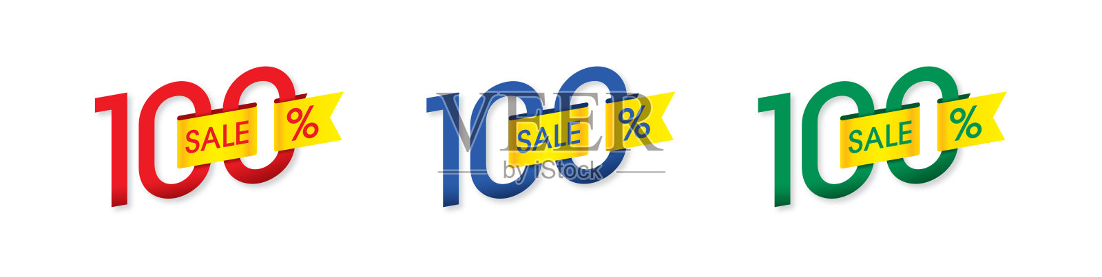 黄色丝带与红色、海军蓝、绿色的100%概念。100%标志插画图片素材