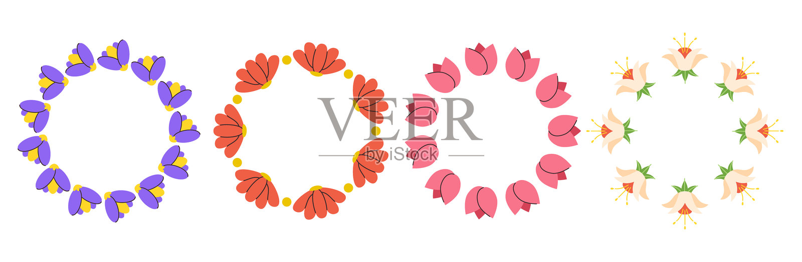 植物花卉圆形框架，带有空白空间的设置。带花蕾的花环。插画图片素材