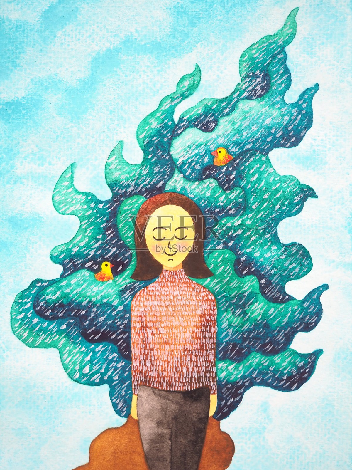 女性女孩的脉轮身体心灵心理健康疗愈灵性想象瑜伽呼吸力量和平激励能量情感与宇宙自然相连的艺术水彩画插图设计背景插画图片素材