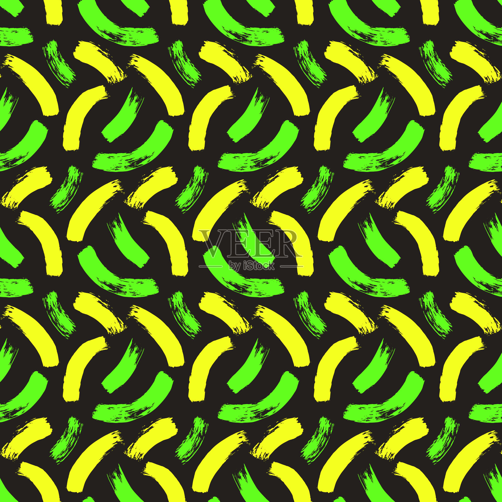 刷子绘制的曲线线条无缝图案。大胆的霓虹色笔触形状的无尽背景。突出重复的封面。磨损的弧形连续装饰。矢量手绘表面图案设计涂鸦主题。插画图片素材