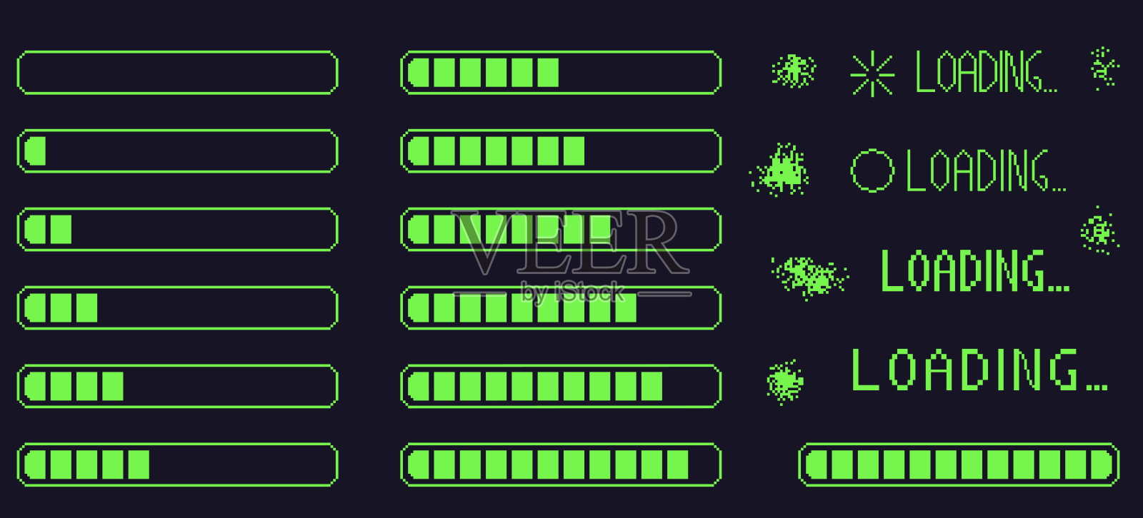 像素艺术复古加载条界面。8位进度按钮元素集和文本。绿色边框控制台等待标志，采用复古80年代风格。矢量插图集。插画图片素材