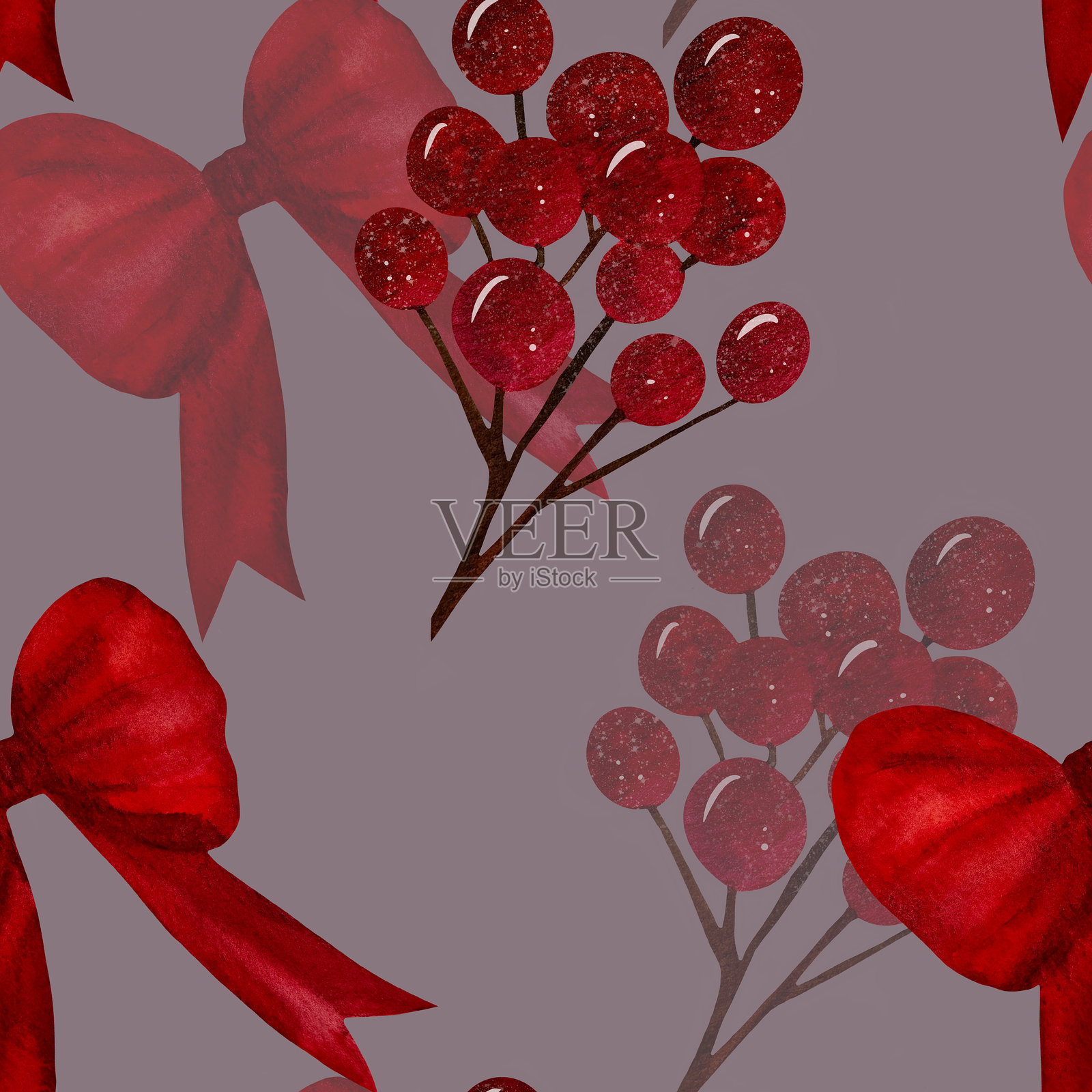 美丽的红色蝴蝶结，带有长尾的缎带和鲜红的浆果，构成无缝图案。水彩画。适用于面料、纺织品、包装纸、封面、印刷品、办公室、节日和礼物。插画图片素材