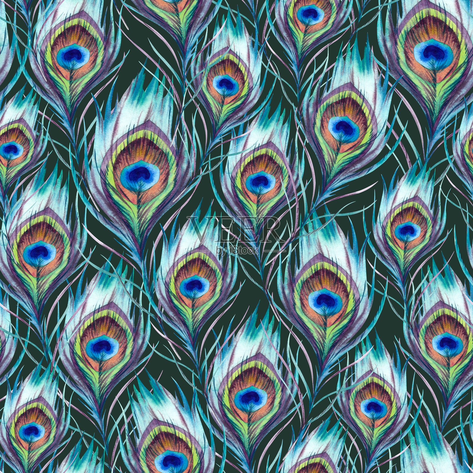 孔雀和羽毛无缝图案。深色背景上的手绘水彩插图。印度、日本、中国节日装饰，配有美丽的亮色孔雀。用于装饰的剪贴画。插画图片素材