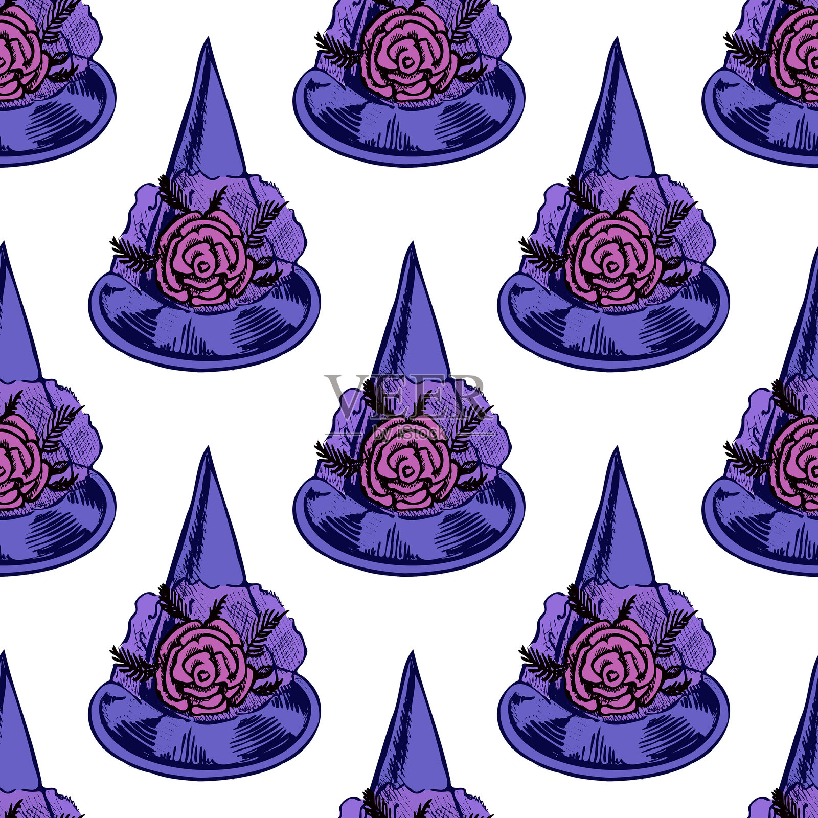 手绘复古无缝图案，包含紫色和粉色的女巫帽与玫瑰花，独立矢量插图插画图片素材