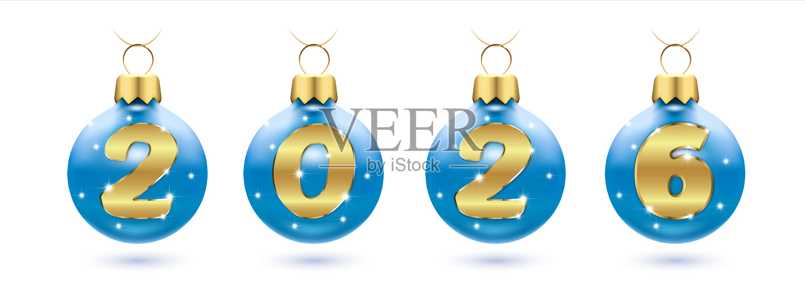带有2026数字的蓝色圣诞装饰球，适用于云杉树插画图片素材