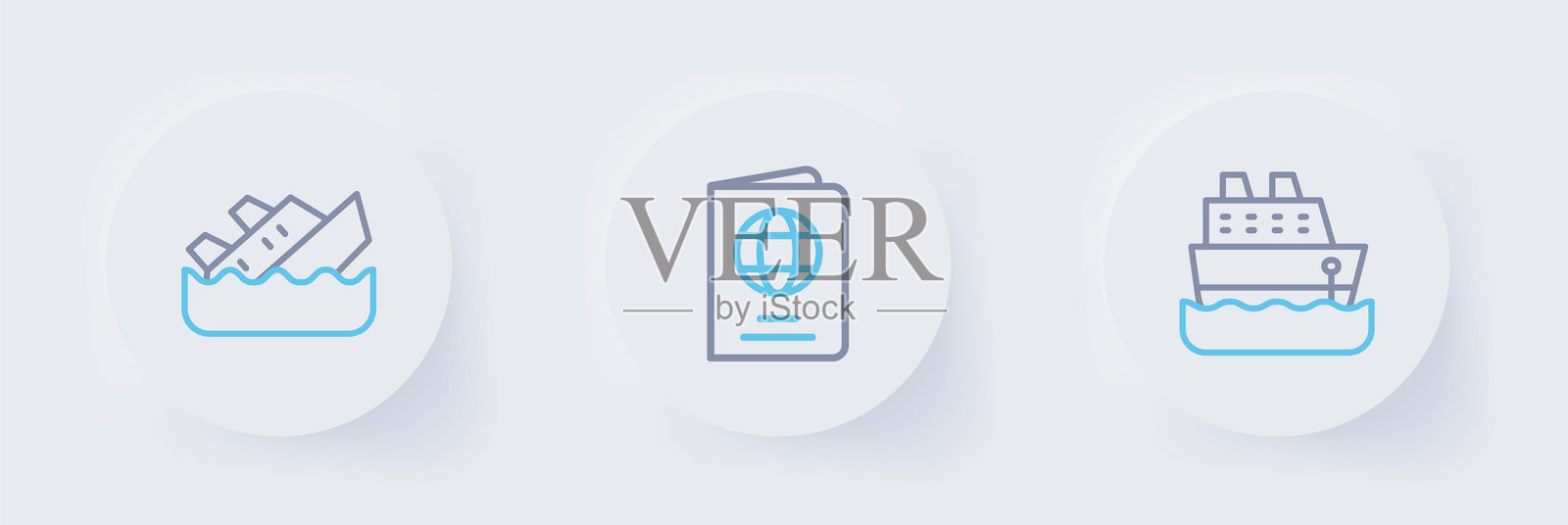 邮轮、护照和沉没邮轮图标。矢量图。插画图片素材