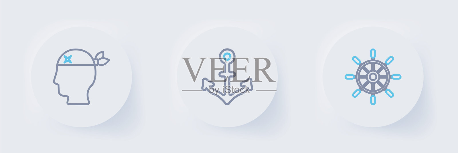 船舵、锚和海盗船长图标。矢量图。插画图片素材