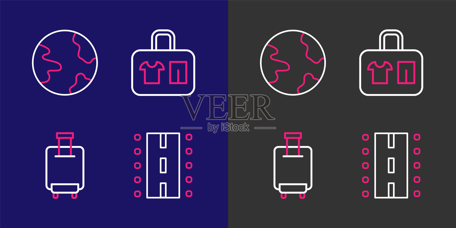 机场跑道、行李箱和全球图标。矢量图。插画图片素材