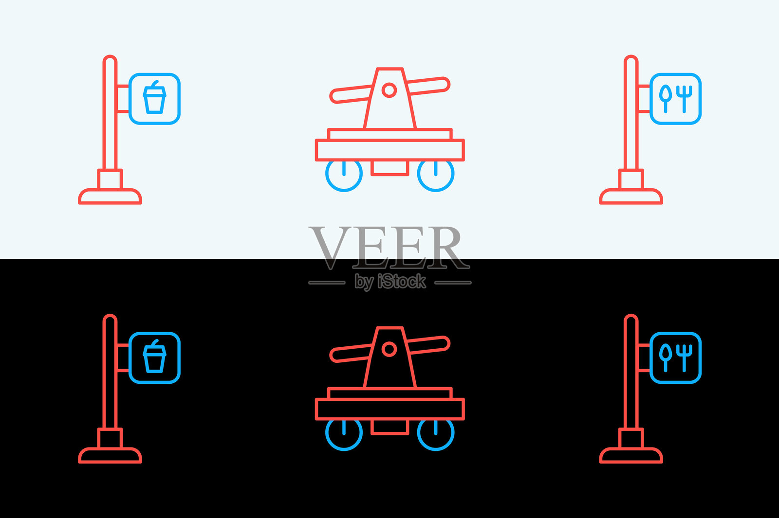 咖啡馆和餐厅位置图标，以及人力小车或手推车图标。矢量图。插画图片素材