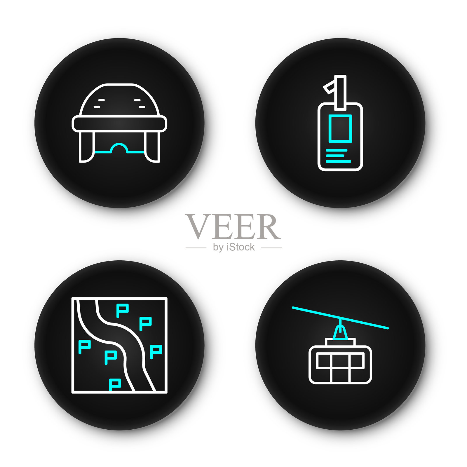 电缆车线路、路线位置、身份证明徽章和冰球头盔图标。矢量图。插画图片素材