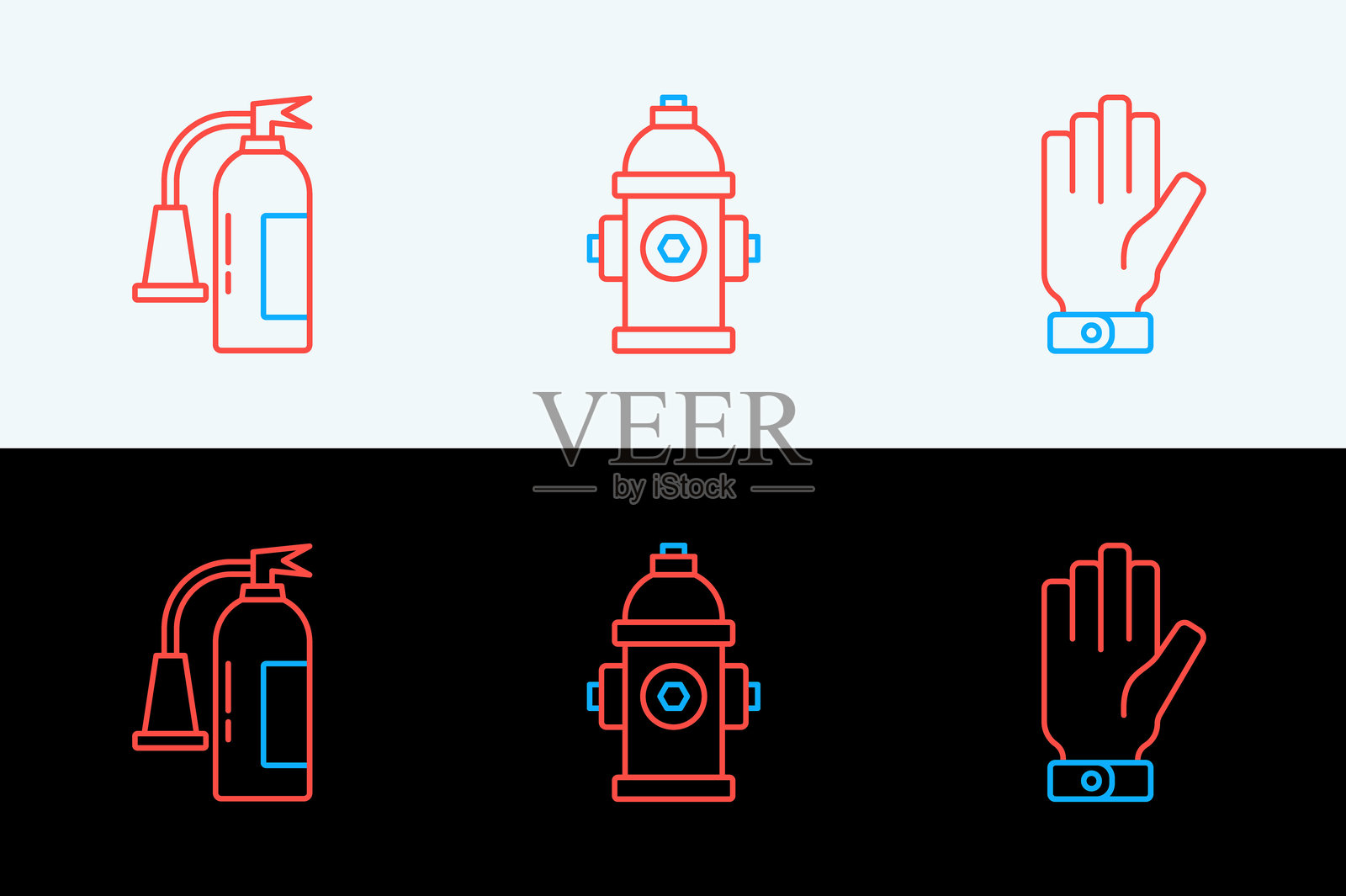 消防员手套、灭火器和消防栓图标。矢量图。插画图片素材