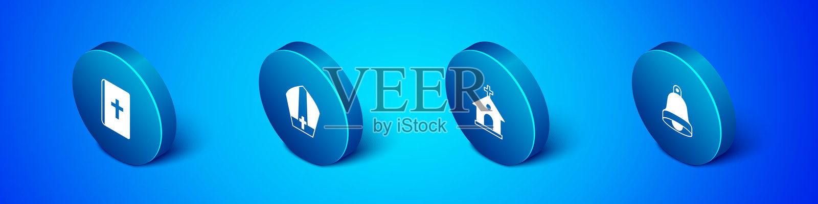 等距圣经书籍、教堂建筑、钟和教皇帽图标。矢量图。插画图片素材