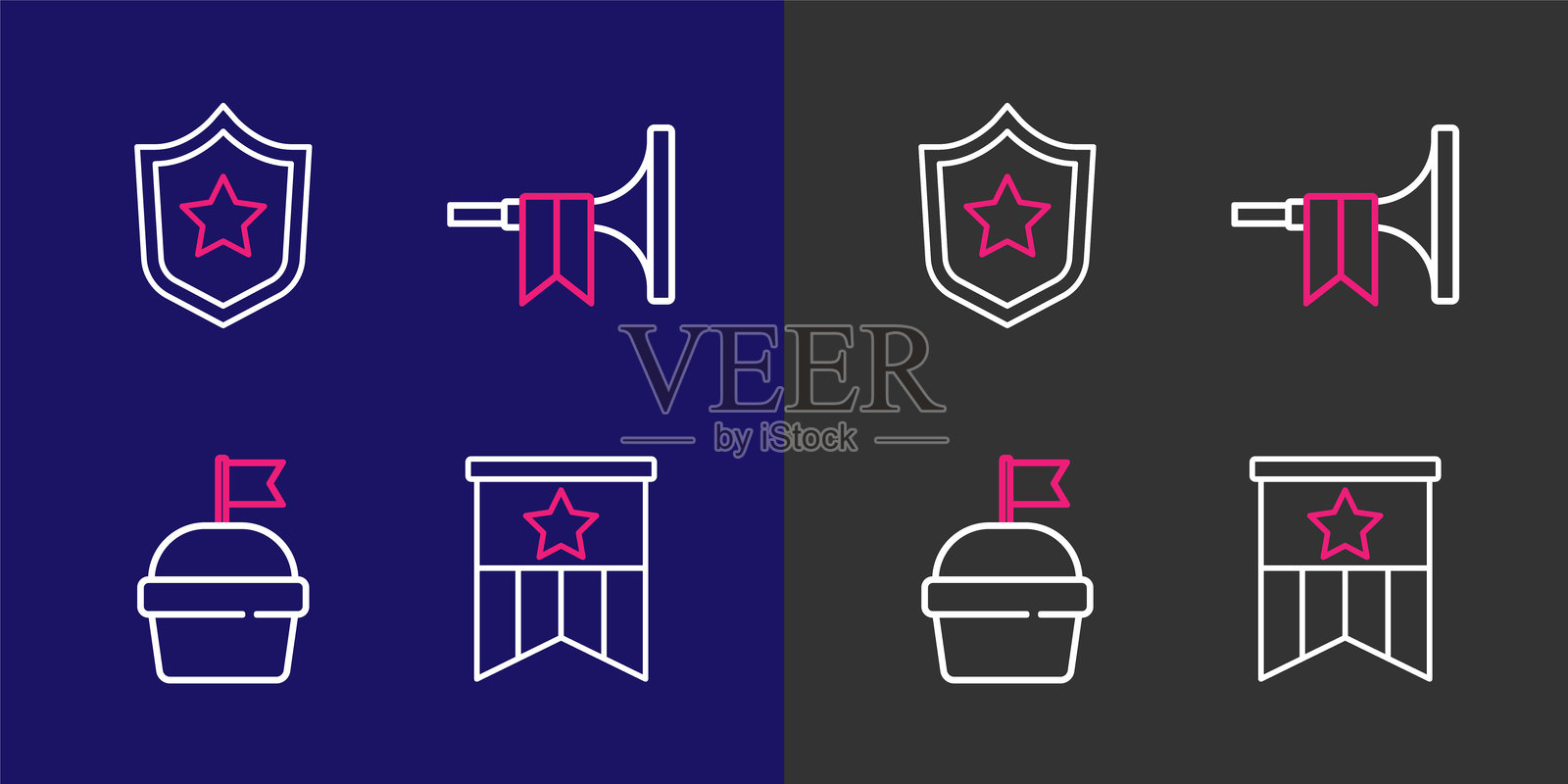 美国国旗、蛋糕、小号和警徽图标。矢量图。插画图片素材