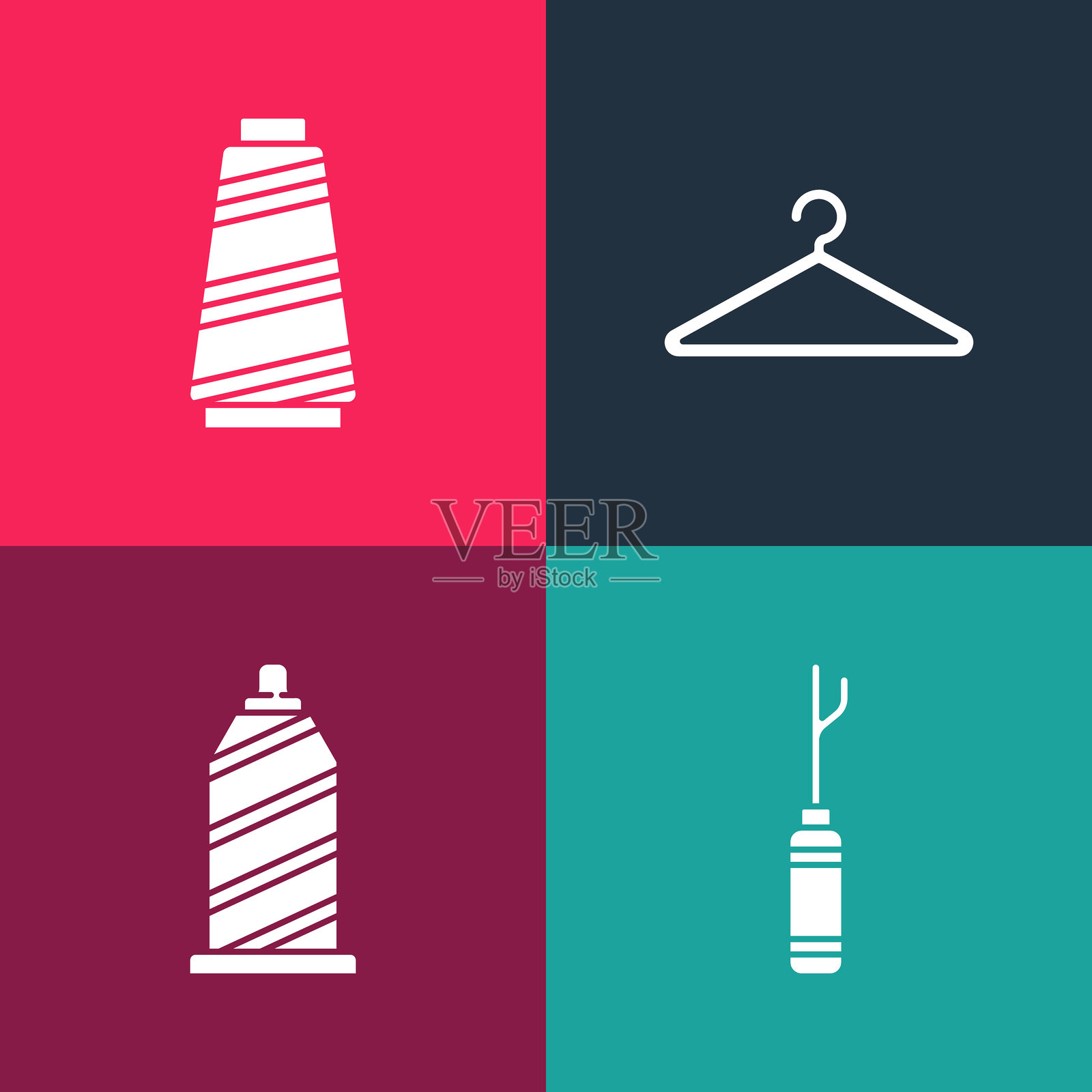 波普艺术风格的锥形工具、缝纫线、衣架和图标。矢量图。插画图片素材