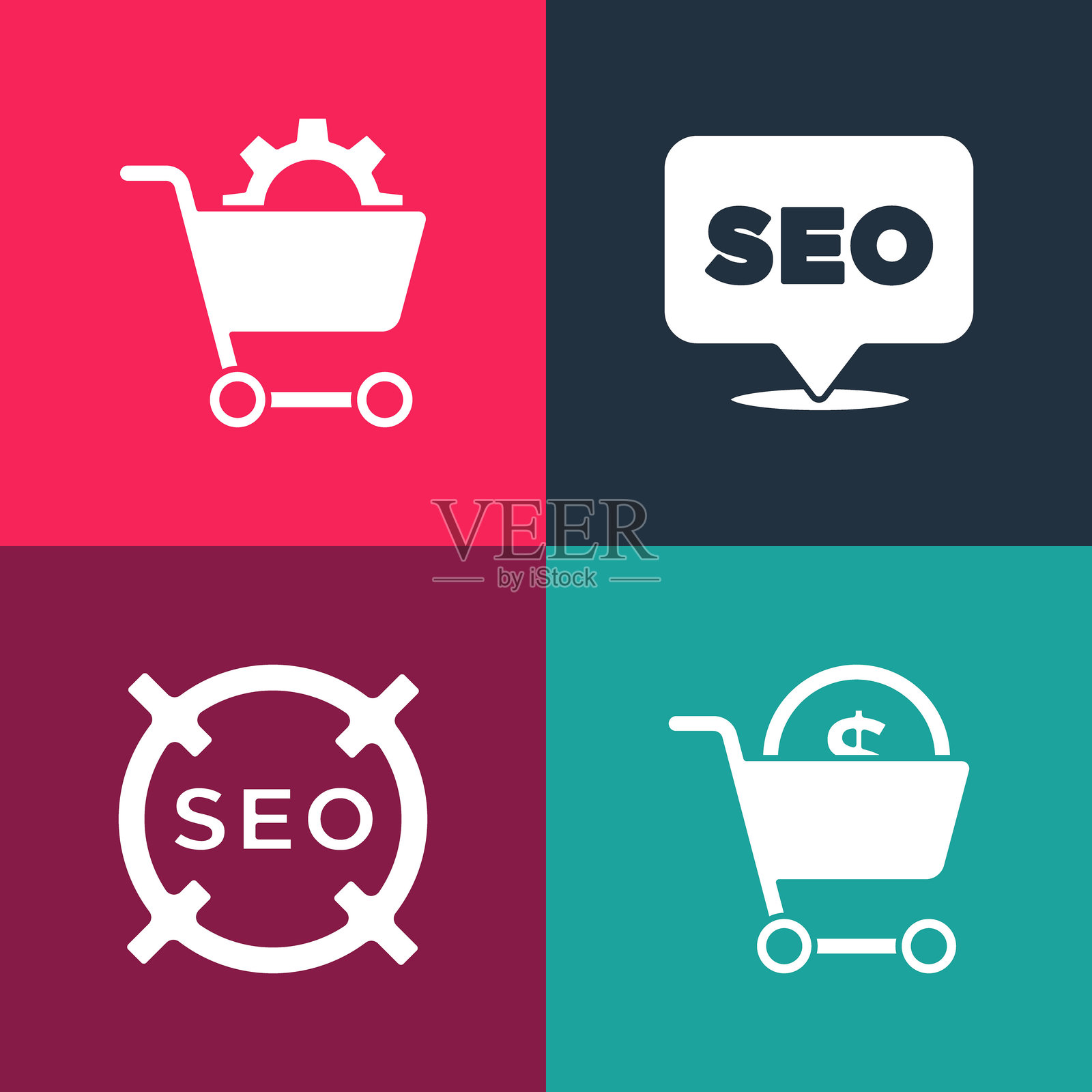 波普艺术购物车和美元，SEO优化，图标。矢量图插画图片素材