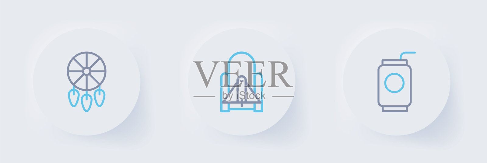 带吸管的苏打罐，火箭从太空港发射，梦捕手羽毛图标。矢量图。插画图片素材