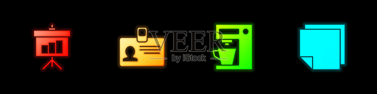 黑板上有图表、身份证明徽章、咖啡机和便签贴纸图标。矢量图。插画图片素材