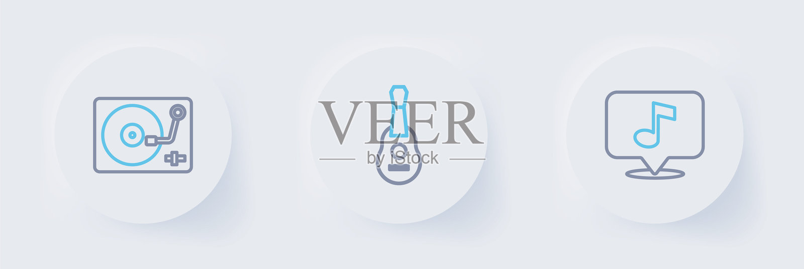 音乐符号、吉他和黑胶唱片播放器与黑胶唱片图标的线条图。矢量图。插画图片素材