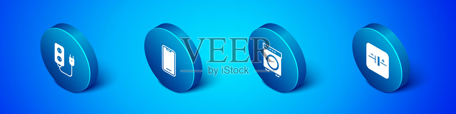 等距电气扩展、洗衣机、直流电压源和手机图标。矢量图。插画图片素材