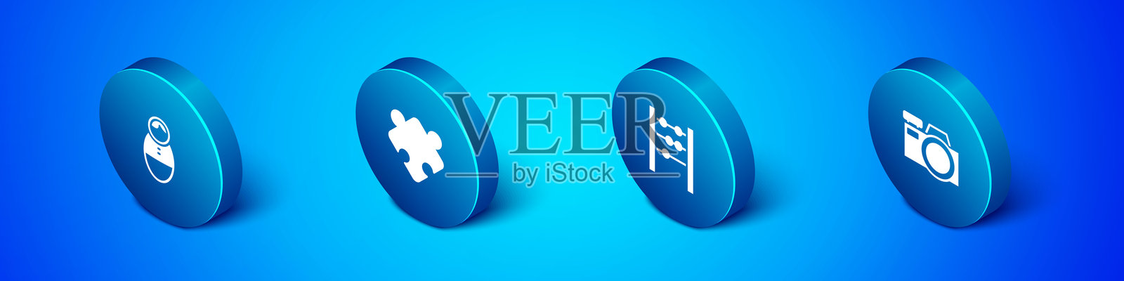 等距的翻转玩偶玩具、算盘、相机和拼图块图标。矢量图。插画图片素材