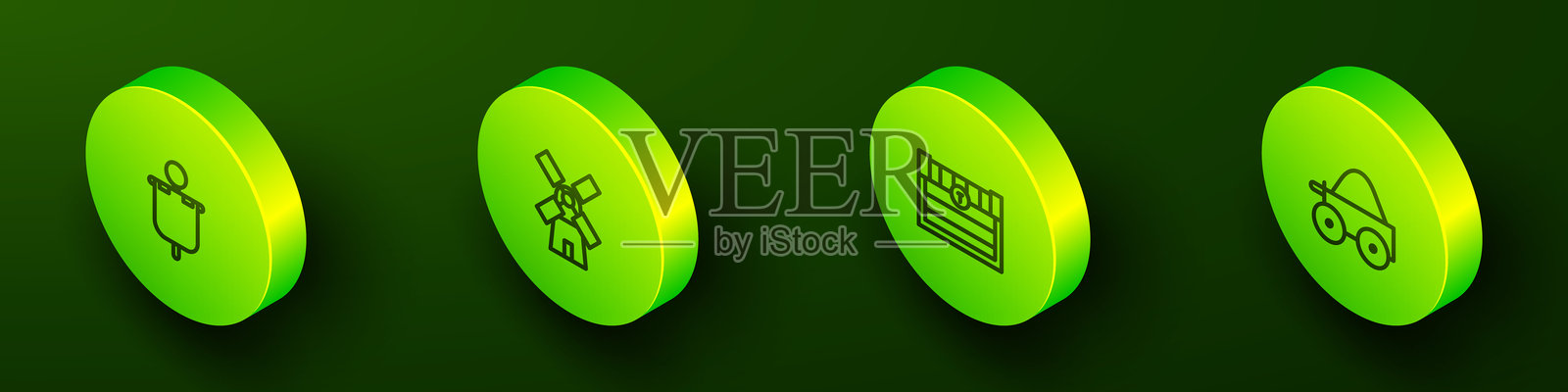 等距线条风格的中世纪旗帜、风车、古董宝箱和木制四轮车图标。矢量图。插画图片素材