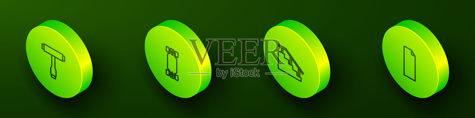 等距线条滑板工具图标，长板或滑板，带扶手的楼梯和防滑胶带图标。矢量图。插画图片素材