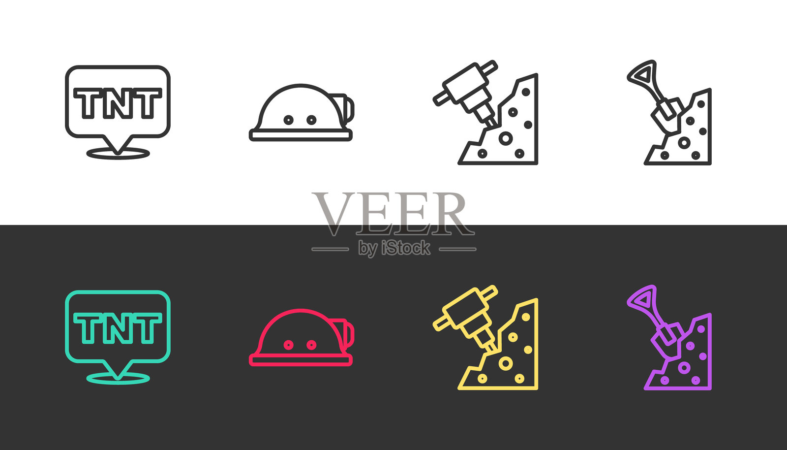 黑白色调的炸药、矿工头盔、建筑用电锤、铲子和石头的组合。矢量图。插画图片素材
