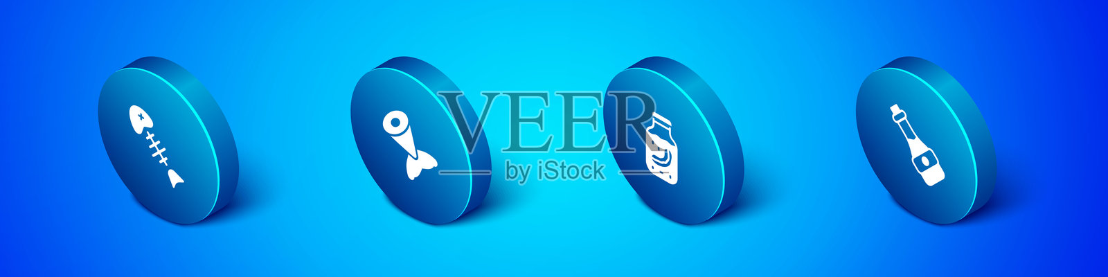 等距鱼骨架、海参在罐中、酱油瓶和尾巴图标。矢量图。插画图片素材