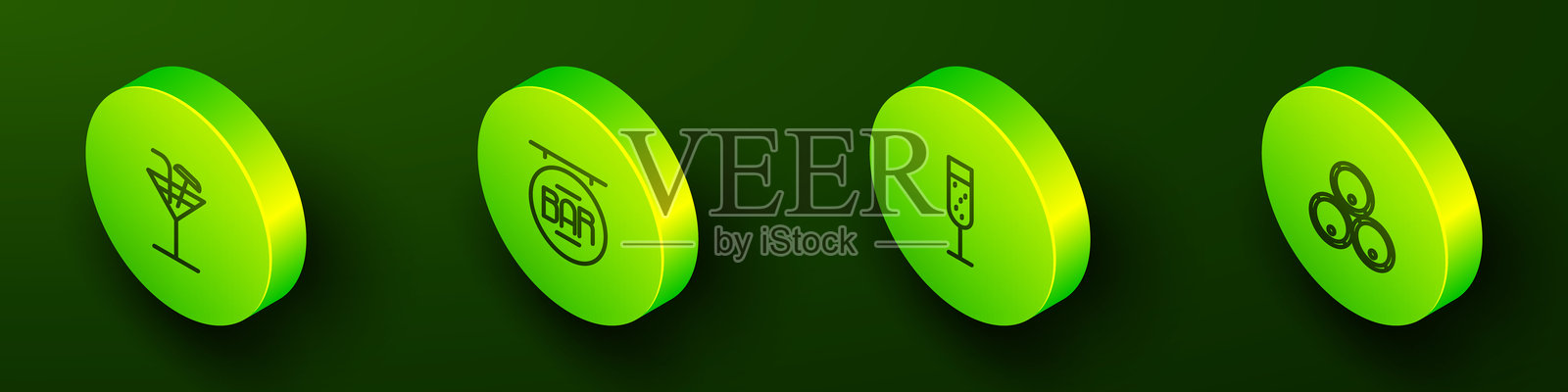 等距线条鸡尾酒，酒吧街道招牌，香槟酒杯和木桶图标。矢量图。插画图片素材