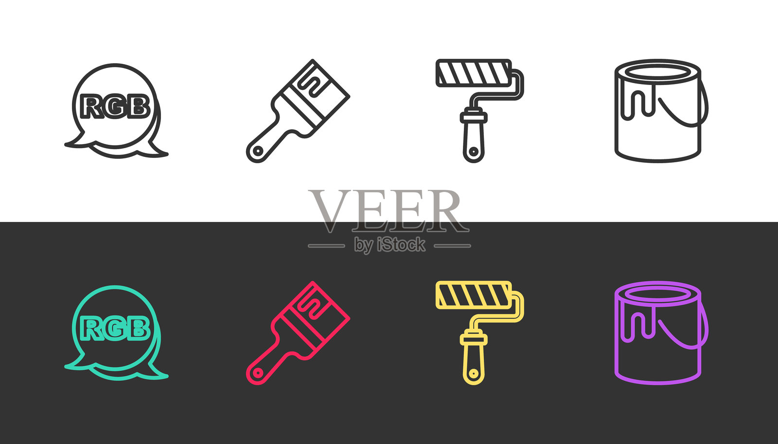 设置线条RGB，画笔、滚筒和桶为黑白。矢量图。插画图片素材