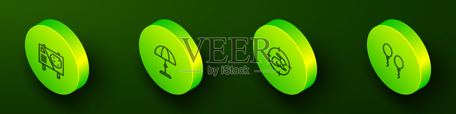 等距线条游乐园广告牌，太阳防护伞，带十字准星的兔子狩猎图标和气球图标。矢量图。插画图片素材