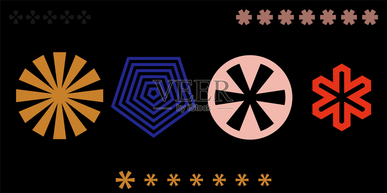 几何抽象形状、星号和图形元素，深色矢量集插画图片素材