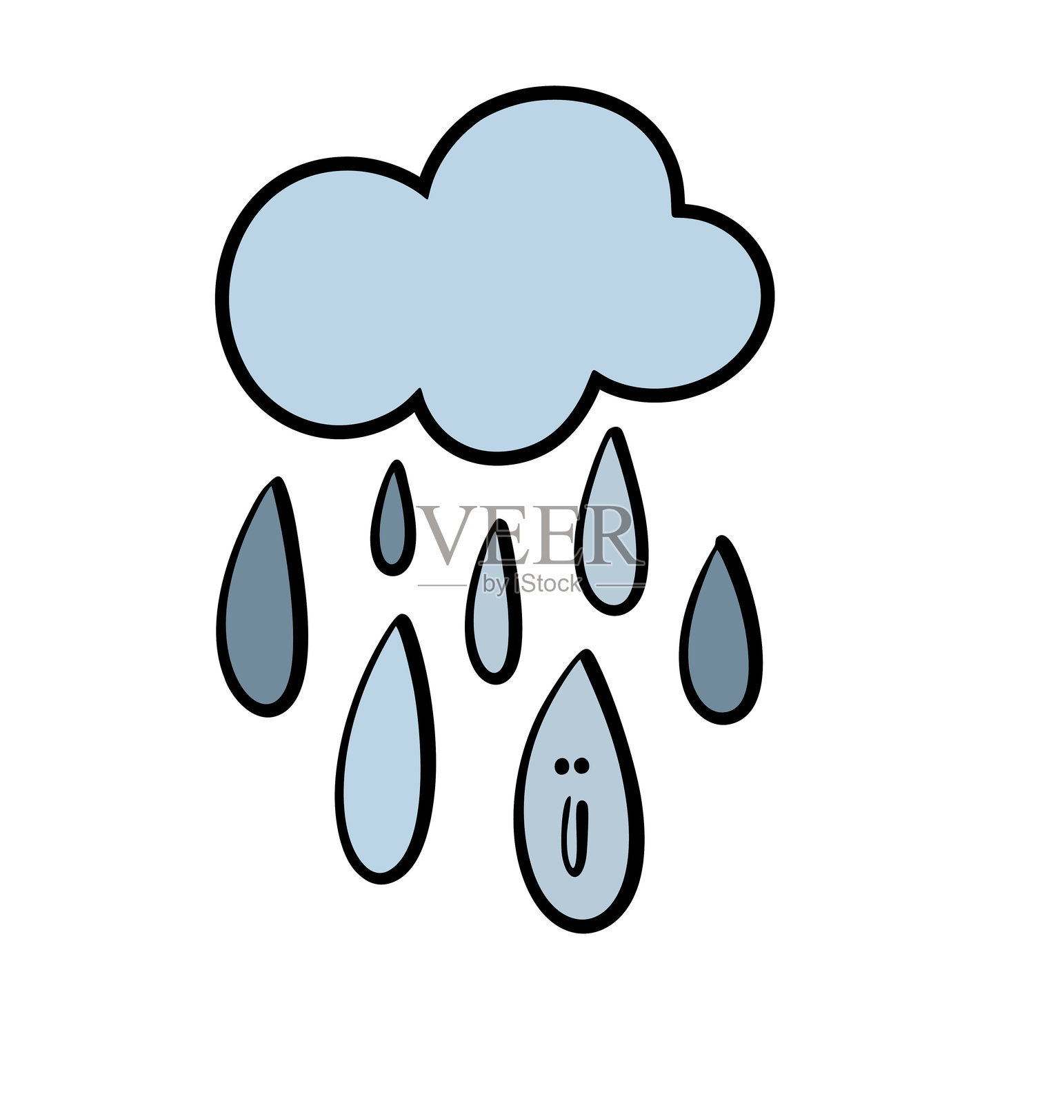 天空中的涂鸦云。重雨的矢量插图，雨滴带有人脸。搞笑的卡通水滴角色。插画图片素材