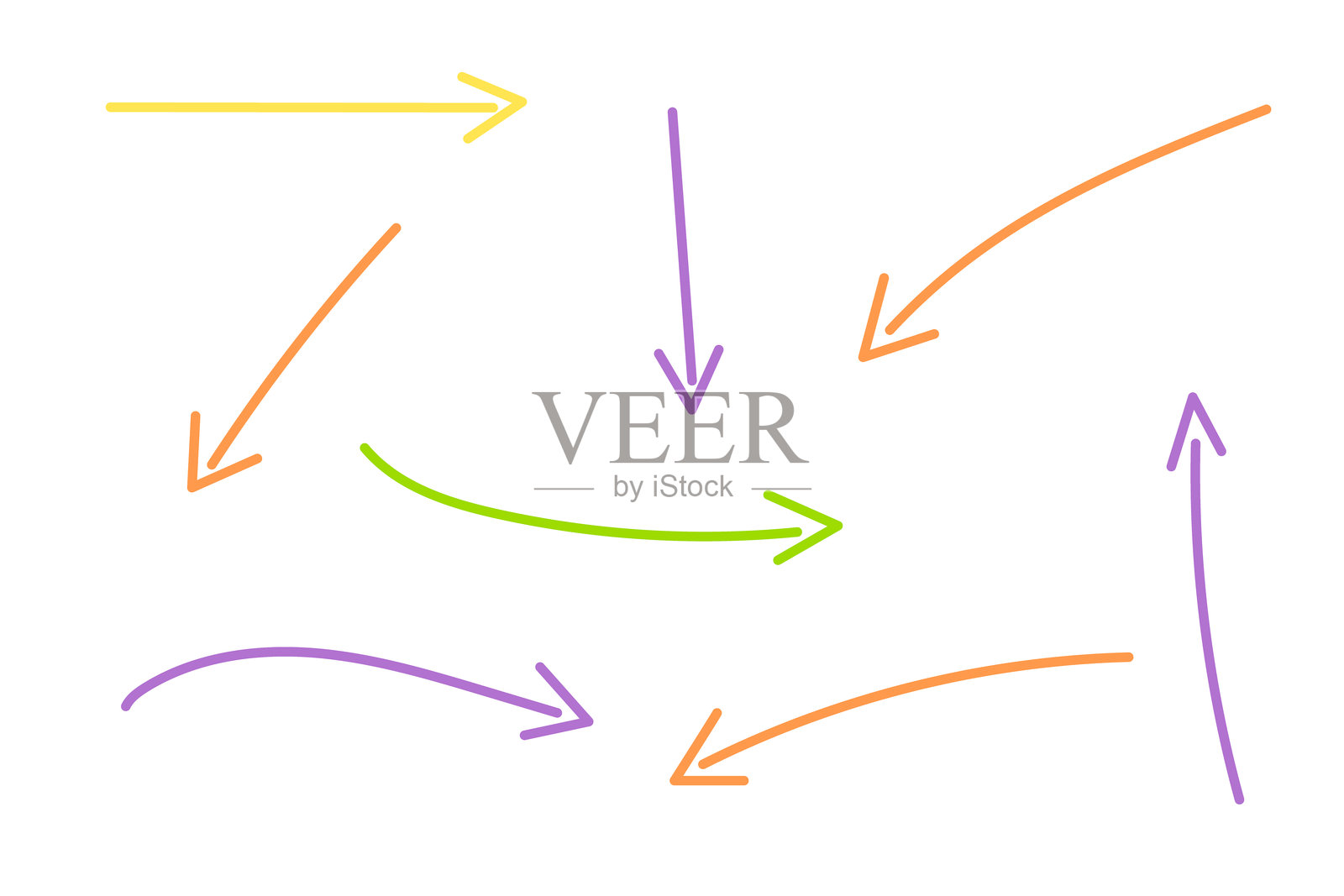 箭头集合，手绘涂鸦方向扭曲指示器、指针和卷轴元素。各种动态形状的旋转集合。背景为白色。矢量插图。插画图片素材