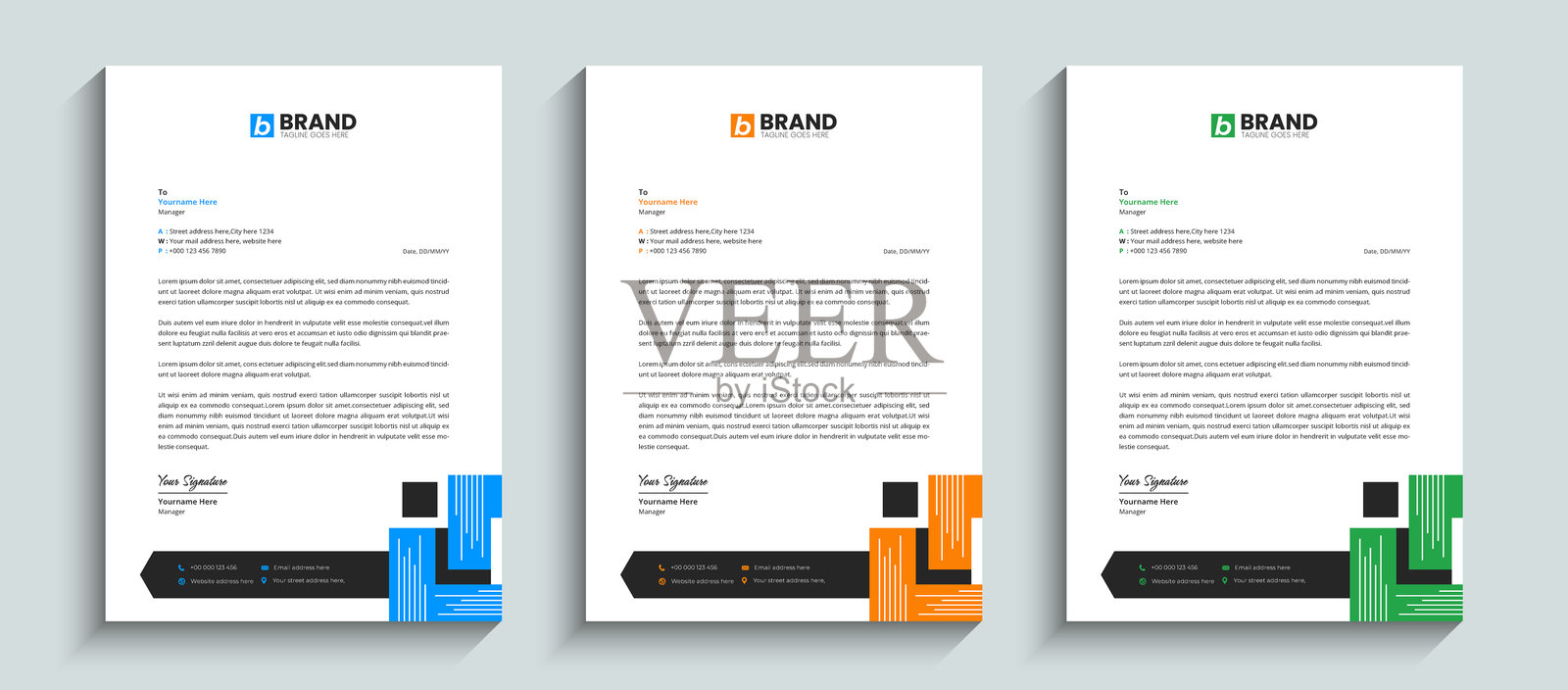 抽象的企业信头设计模板，采用蓝色、橙色和绿色。适用于信头、文具、品牌形象、文件和布局设计的创意设计。插画图片素材