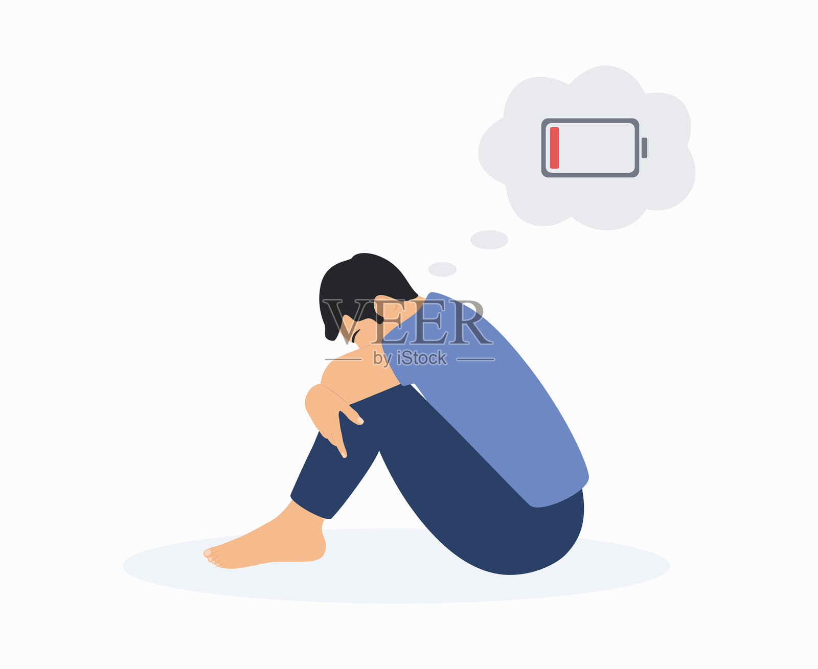 疲惫的男人坐在地上，双膝抱住，头顶上方有一个低电量符号。抑郁、情感疲惫和心理健康问题。插画图片素材