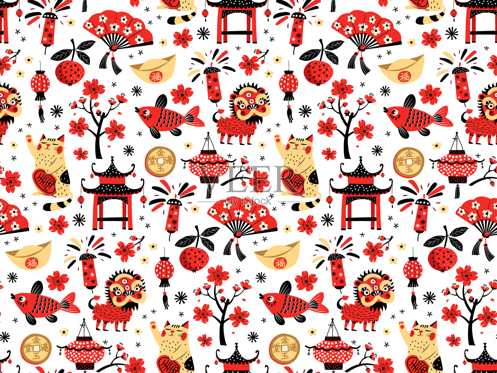 中国新年无缝图案，招财猫、龙、灯笼和樱花矢量插图插画图片素材