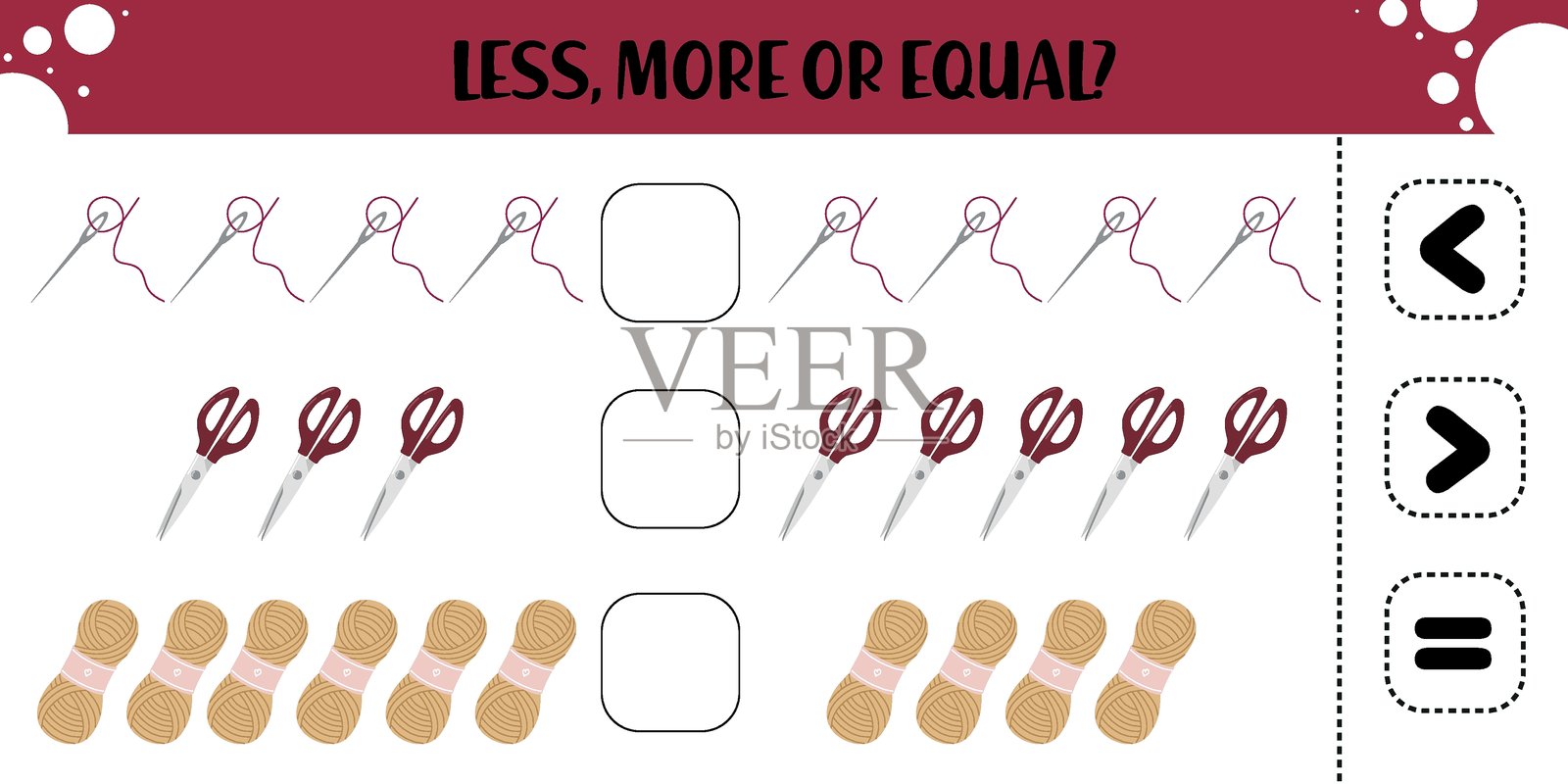 缝纫工具的少、多或相等工作表插画图片素材